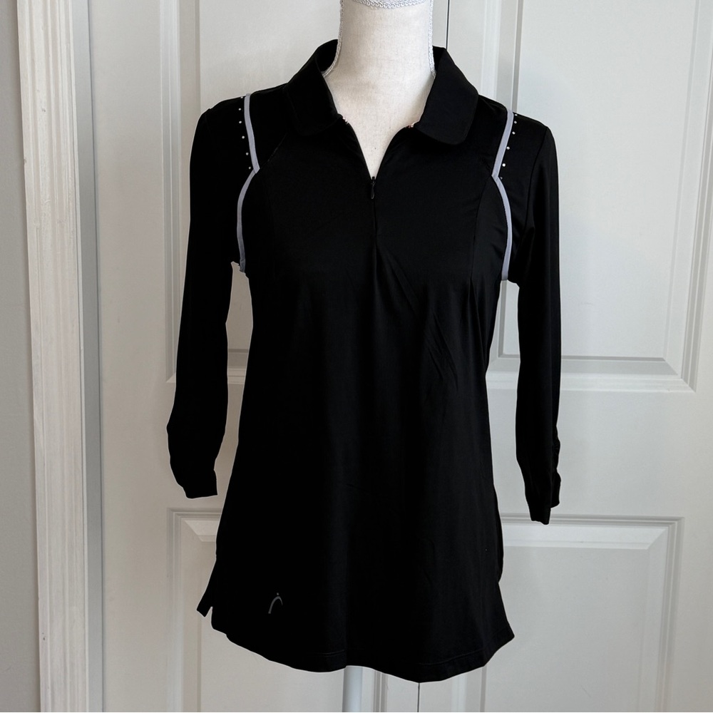 SwingDish Black Quarter Zip Golf Pickleball Jersey Top NEW Large Crystals Piping